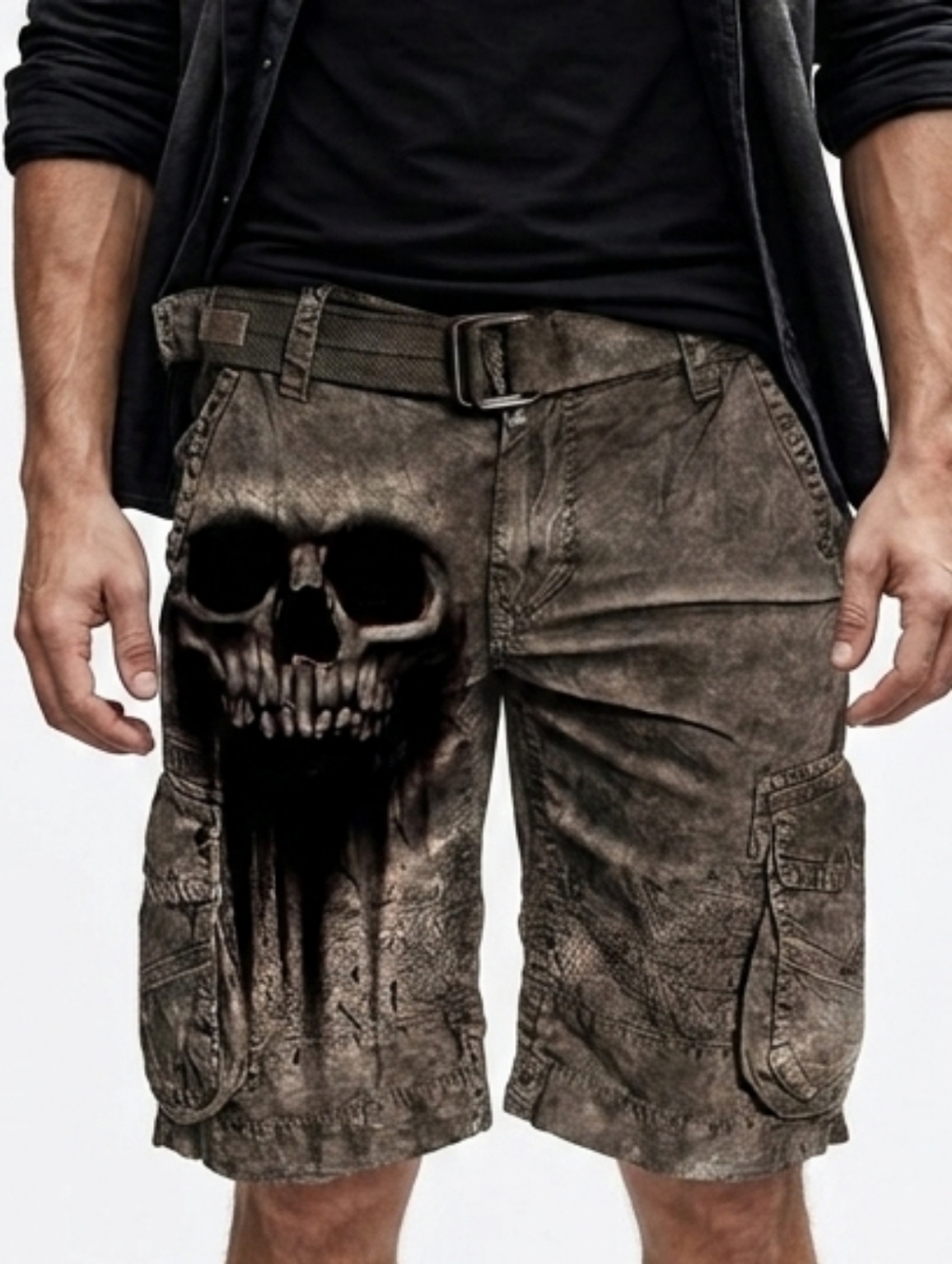 Men's skull cargo shorts gray and black shorts with skull on leg size XL NWT
